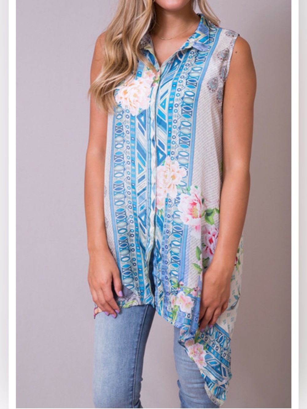 Johnny Was Blue Floral Sleeveless Button-Front Tunic Size XS